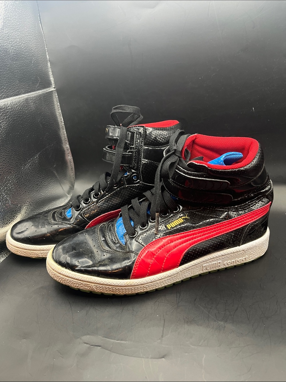 SZ 7 Men’s Sky II Puma Black Patent High-Top Sneakers Red Stripe & Blue Accents